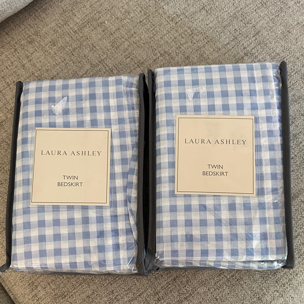 New Laura Ashley Twin Blue Gingham Bedskirts Lot of 2